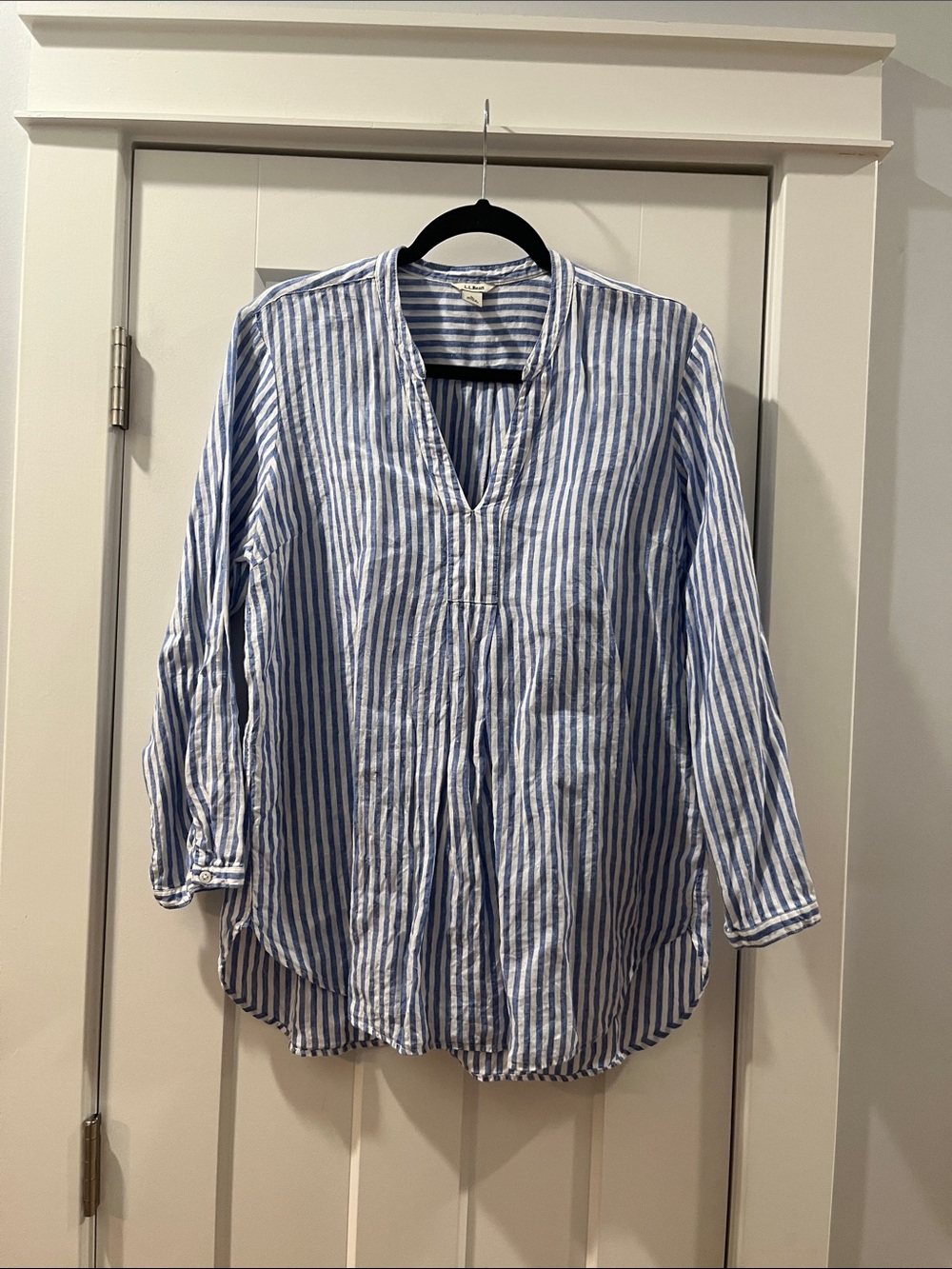 Linen LL Bean Blue White Pinstripes Women's Tunic Blouse Shirt EUC large petite